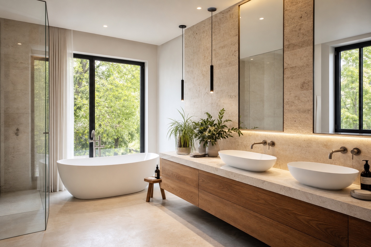 Helles modernisiertes Badezimmer mit freistehender Badewanne und Doppelwaschtisch