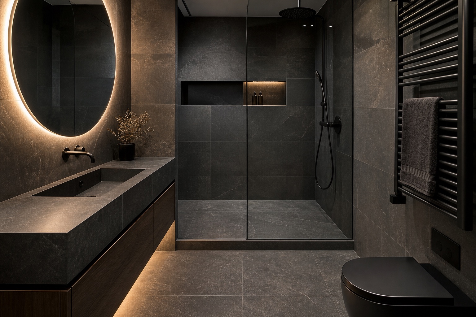Dunkles modernes Badezimmer mit bodengleicher Dusche