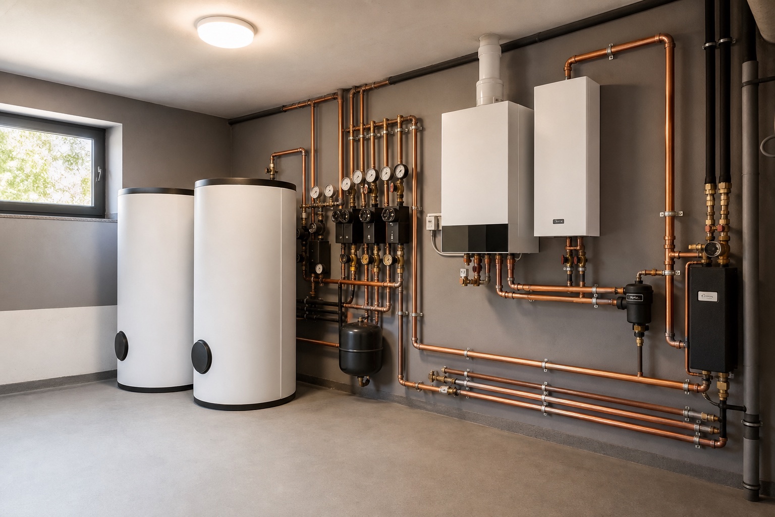 Professionell installierte Heizungsanlage mit Speichern und Kupferrohren