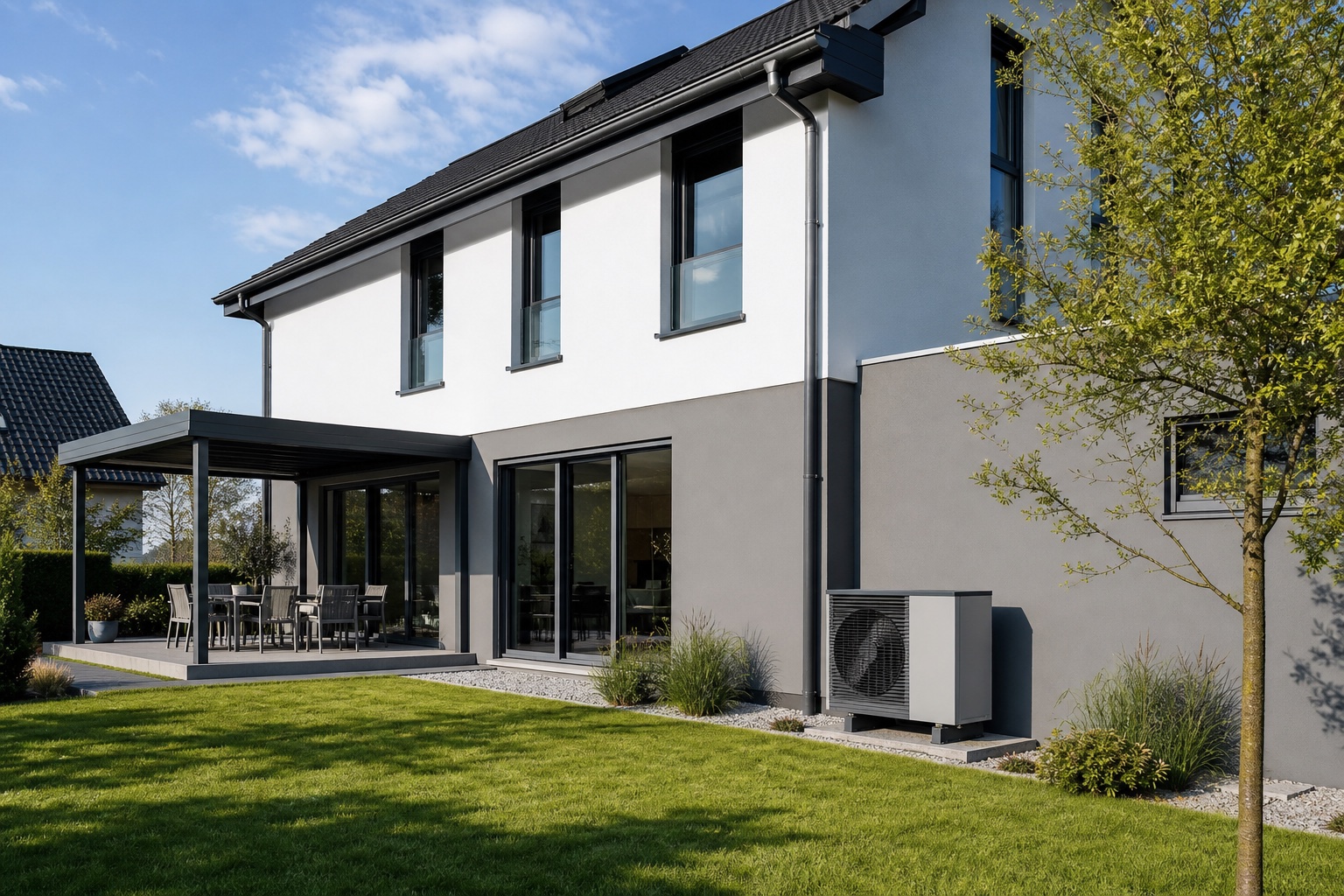 Modernes Wohnhaus mit installierter Luftwärmepumpe