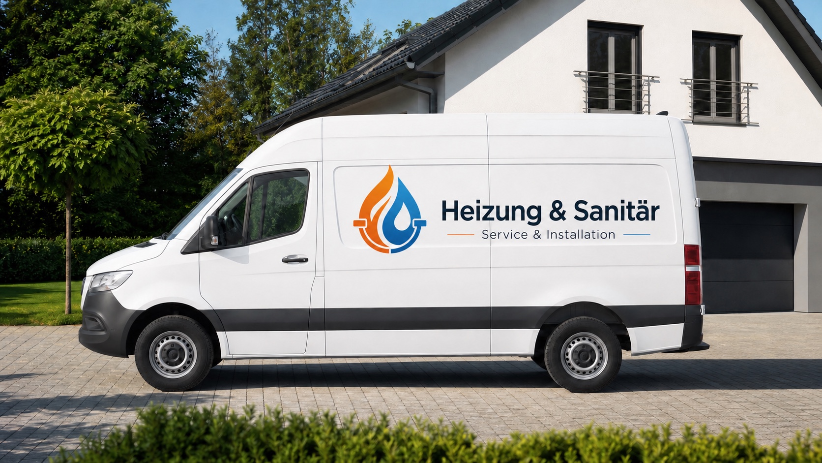 Realistisches Servicefahrzeug mit Firmenfolierung vor einem modernen Wohnhaus